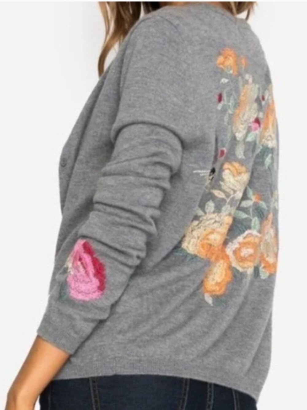 Johnny Was Embroidered Cashmere Cardigan Sweater Floral Gray Size Small - Picture 3 of 6